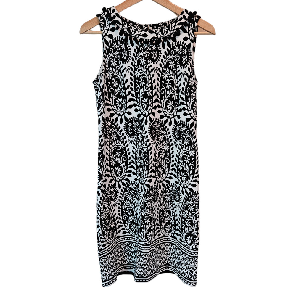 Talbots Dress Sleeveless Paisley Pompom Collar Black White Women's Small P